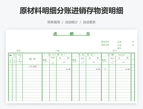 原材料明细分账进销存物资明细账页