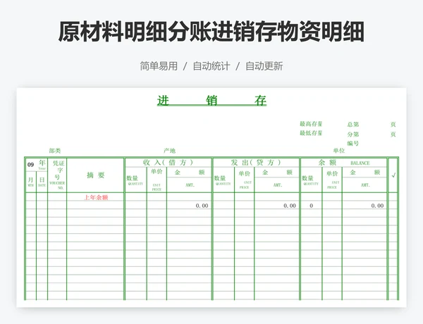 原材料明细分账进销存物资明细账页