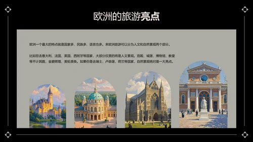 黑灰色简约风欧洲旅游攻略PPT模板
