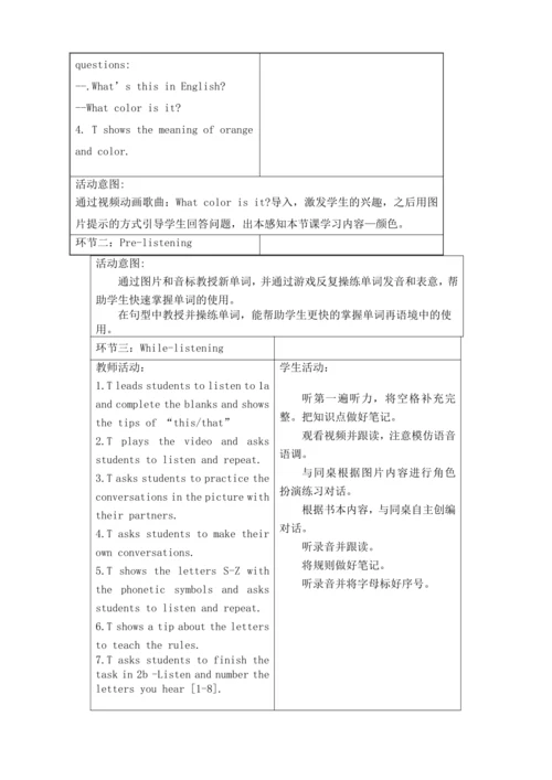 新课改单元整体教学设计人教版七上Stater Unit 3 What color is it ?（表