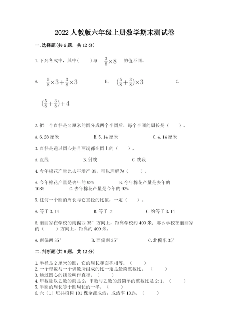 2022人教版六年级上册数学期末测试卷附完整答案（典优）.docx