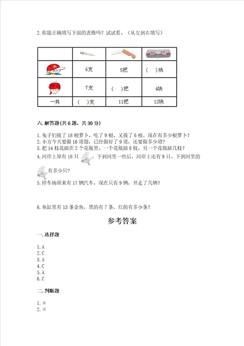 冀教版一年级上册数学第九单元20以内的减法测试卷带答案模拟题