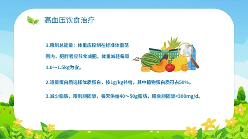 清新插画展板医疗社区高血压患者的饮食管理培训课件模板