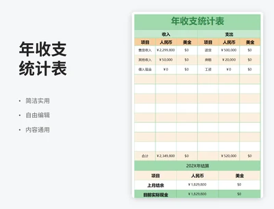 简约风年收支统计表