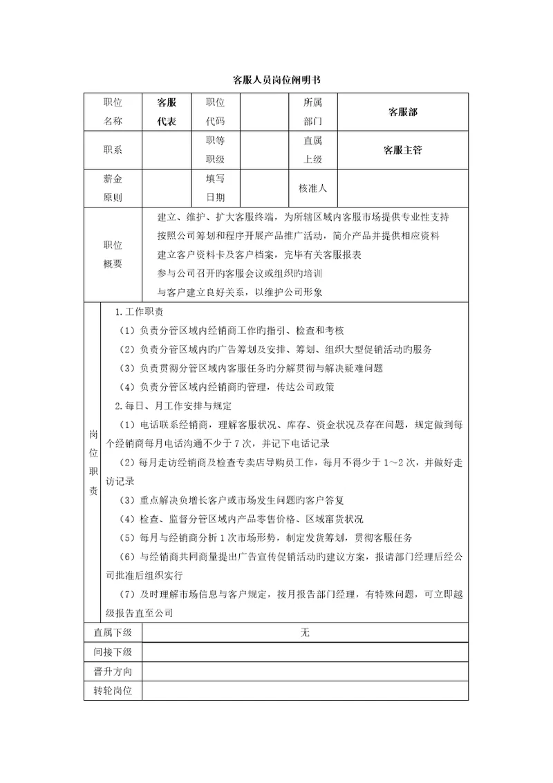 客服人员岗位专项说明书