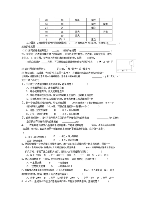 凸透镜成像规律练习试题全