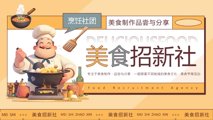 黄色卡通风大学生美食社团招新PPT模板