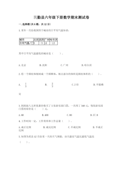 民勤县六年级下册数学期末测试卷精品带答案.docx