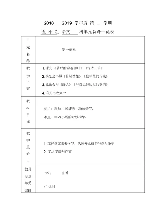 完整word版,五年级语文电子教案模板(一单元)