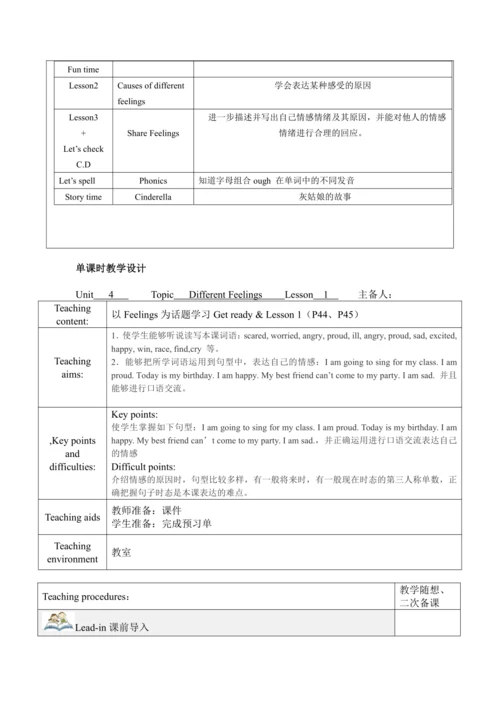 Unit 4 Feelings 单元 教案（5个课时）