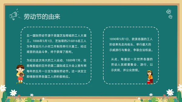 绿色清新黑板风卡通儿童致敬劳动者劳动最光荣五一劳动节主题班会