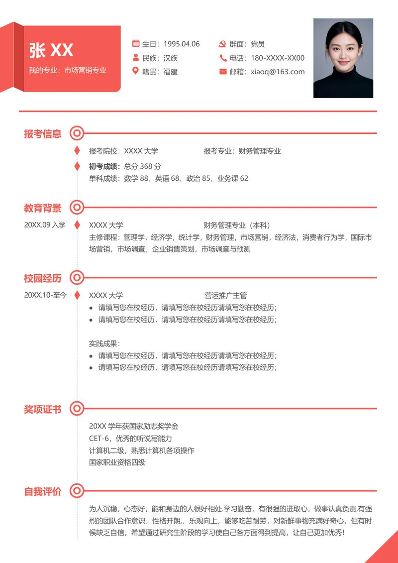研究生经济学专业复试简历模板