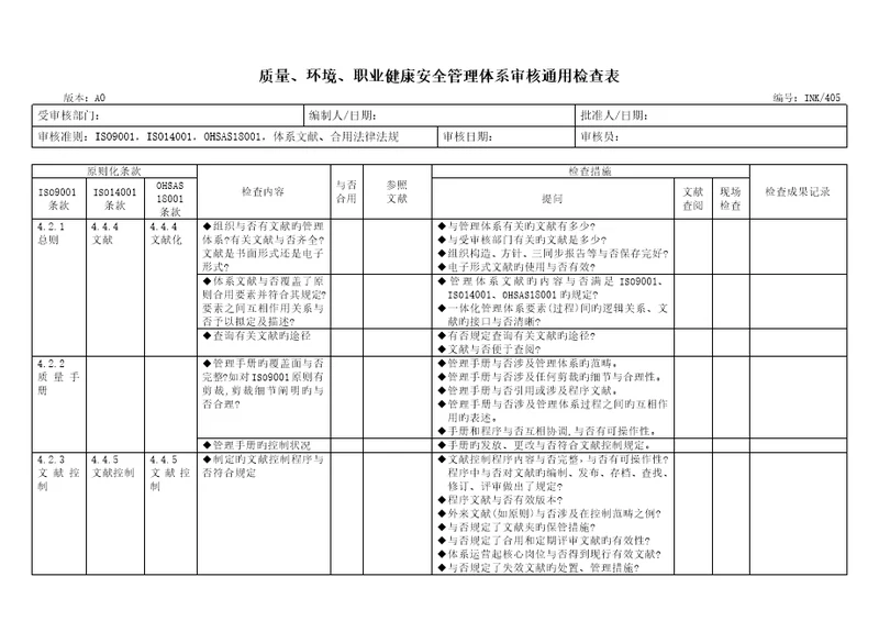 科技公司质量、环境、职业健康安全管理全新体系审核通用检查表