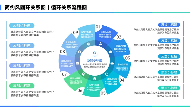 蓝色简约风9项圆环关系图PPT