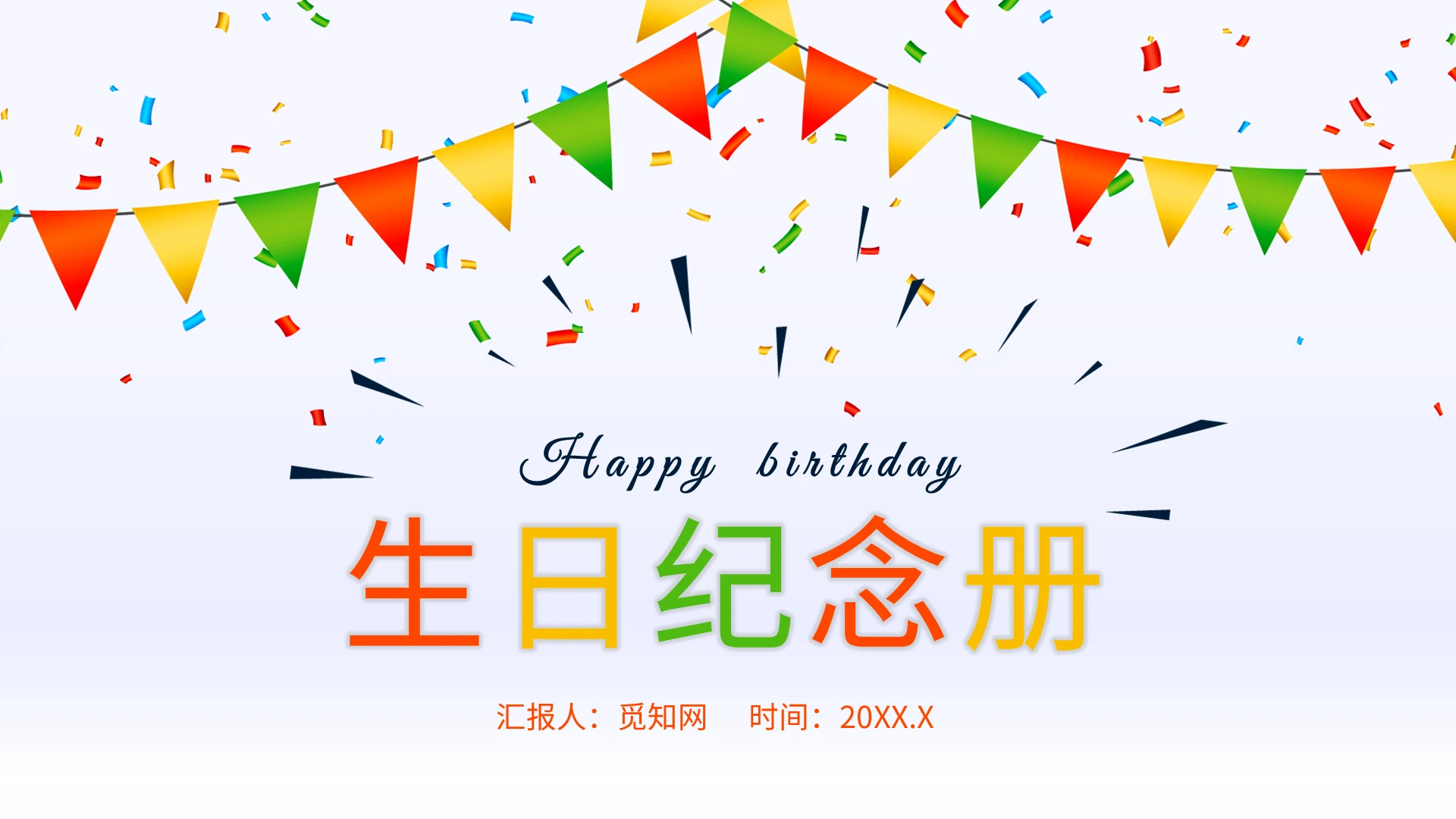 卡通彩旗生日快乐纪念相册PPT模板