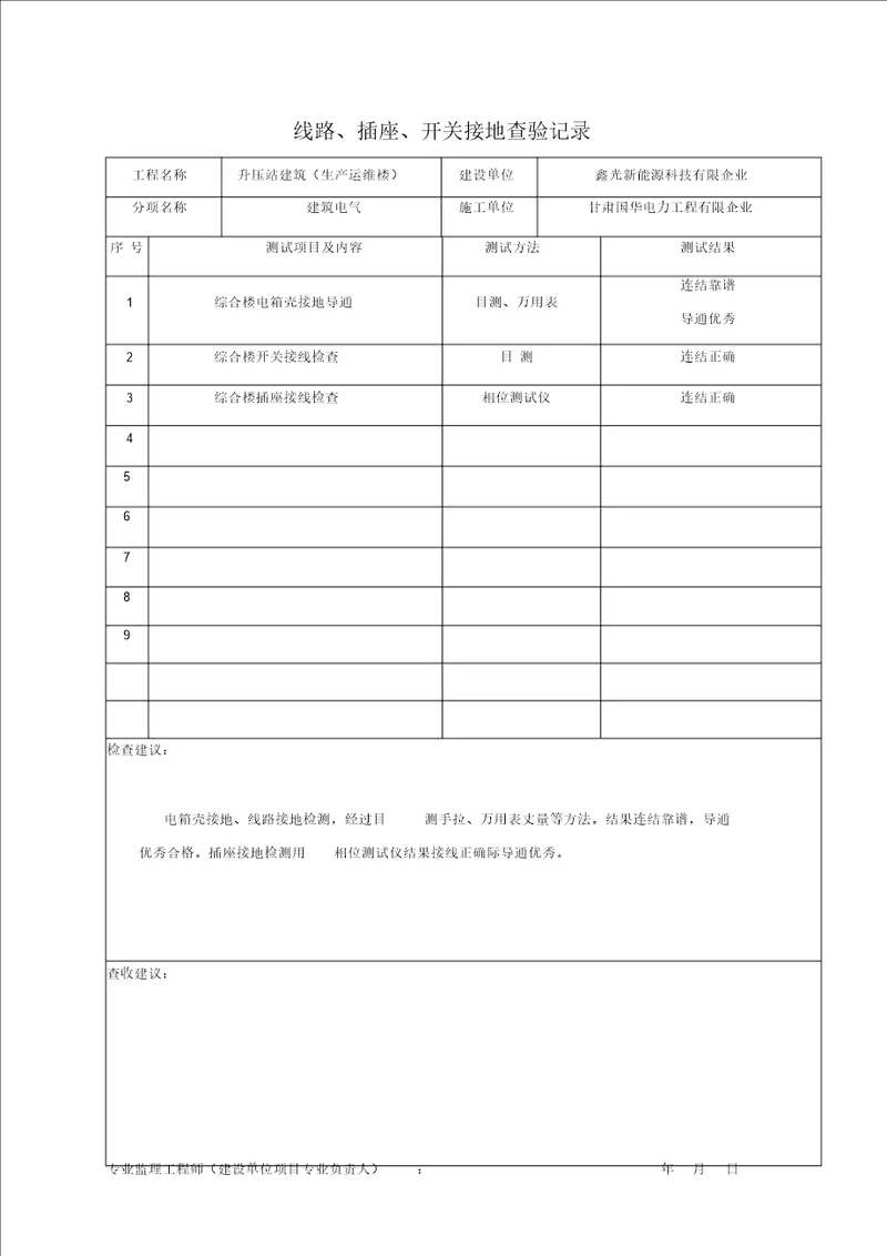 线路、插座、开关接地检验记录