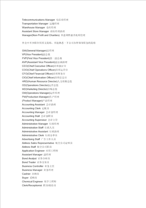 公司、企业、外企、各职位英文对照