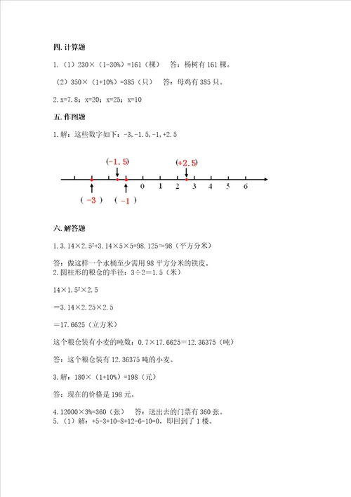 2023年小学六年级下册数学期末测试卷【中心小学】