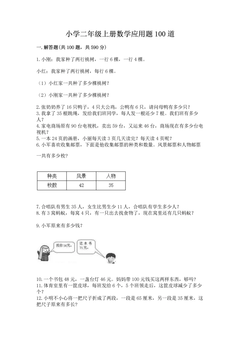 小学二年级上册数学应用题100道及答案（易错题）.docx