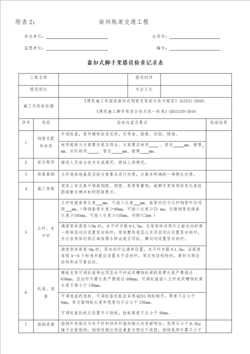 盘扣式脚手架搭设检查记录表