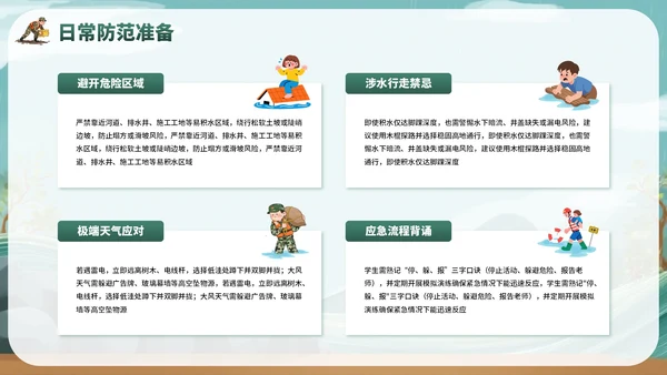 绿色卡通风夏季防洪防汛安全教育主题班会PPT模板