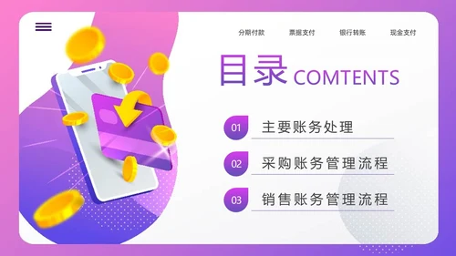 紫色插画电商行业会计处理流程PPT模板宣传PPT动态PPT财务知识培训
