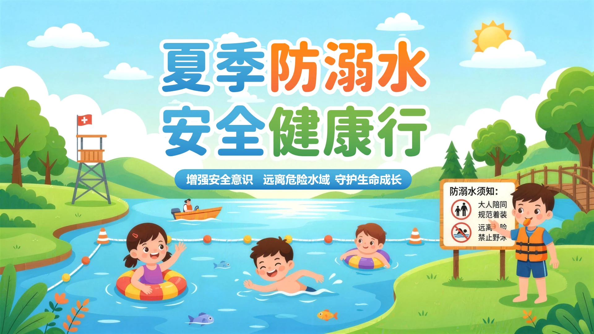 蓝色卡通扁平安全教育防溺水主题班会ppt