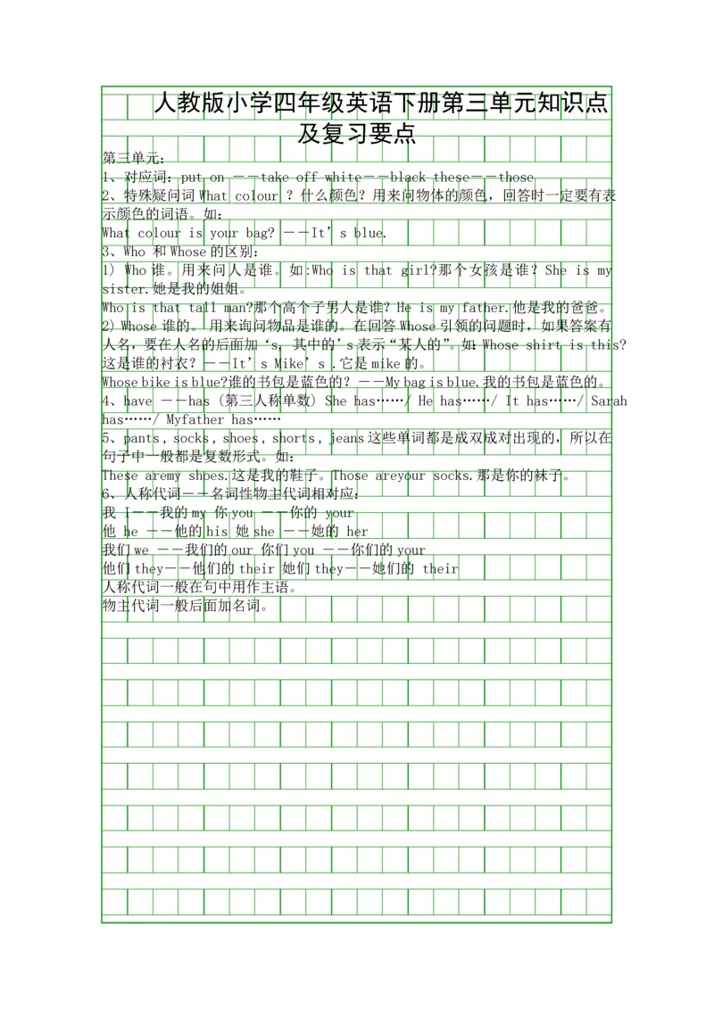 人教版小学四年级英语下册第三单元知识点及复习要点.docx