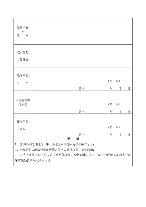 卫生重点技术人员进修具体申请表