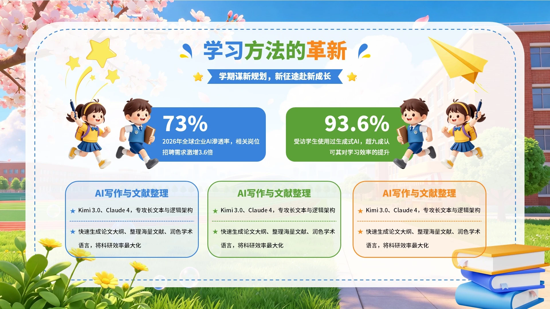 蓝色撞色卡通新学期新计划PPT单页
