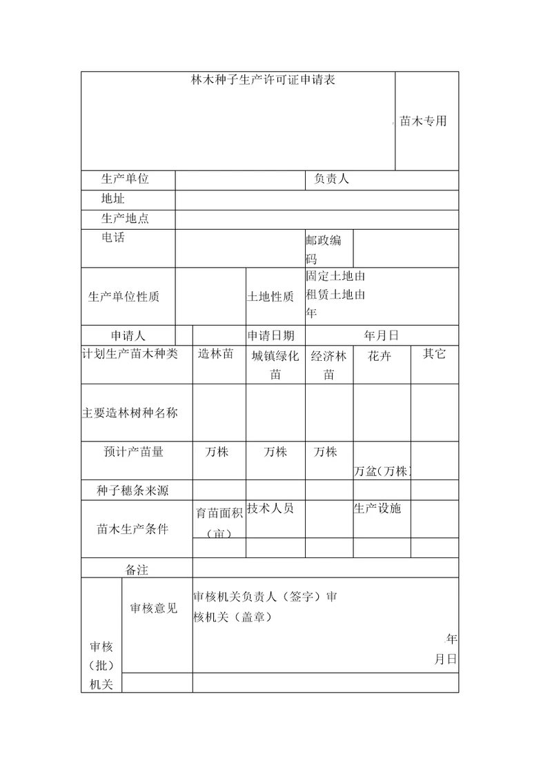 林木种子生产许可证申请表