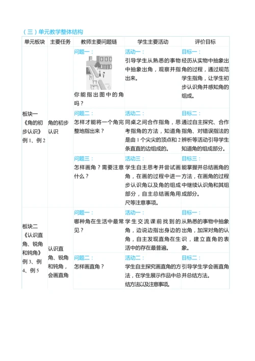 （大单元整体教学）第三单元 角的初步认识 单元分析（表格式）教学设计  人教版 二年级上册数学