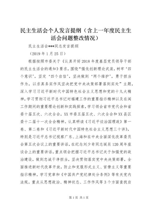 民主生活会个人发言提纲（含上一年度民主生活会问题整改情况）.docx