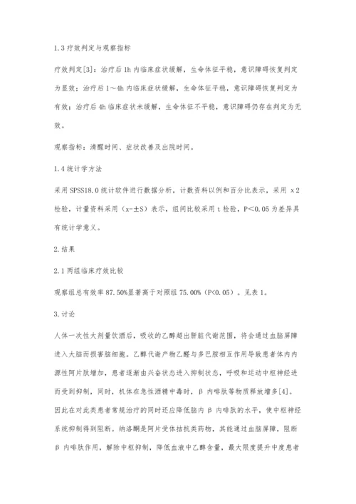 纳洛酮联合醒脑静抢救急性重度酒精中毒的临床疗效评价.docx