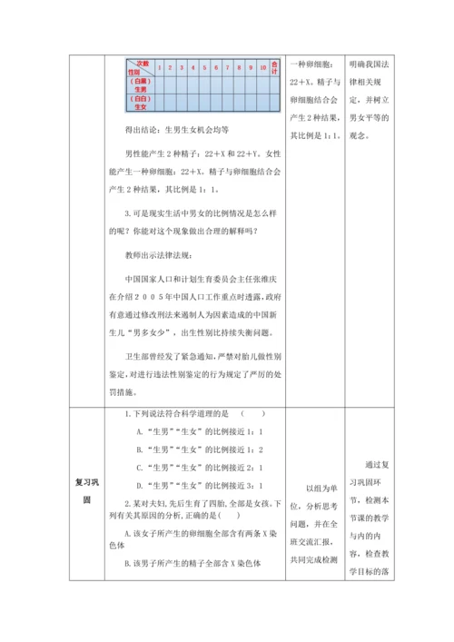 人教版八年级生物下册第七单元第二章第四节人的性别遗传教案（表格式）