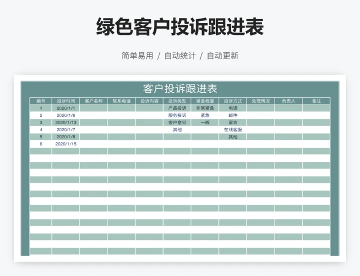 绿色客户投诉跟进表