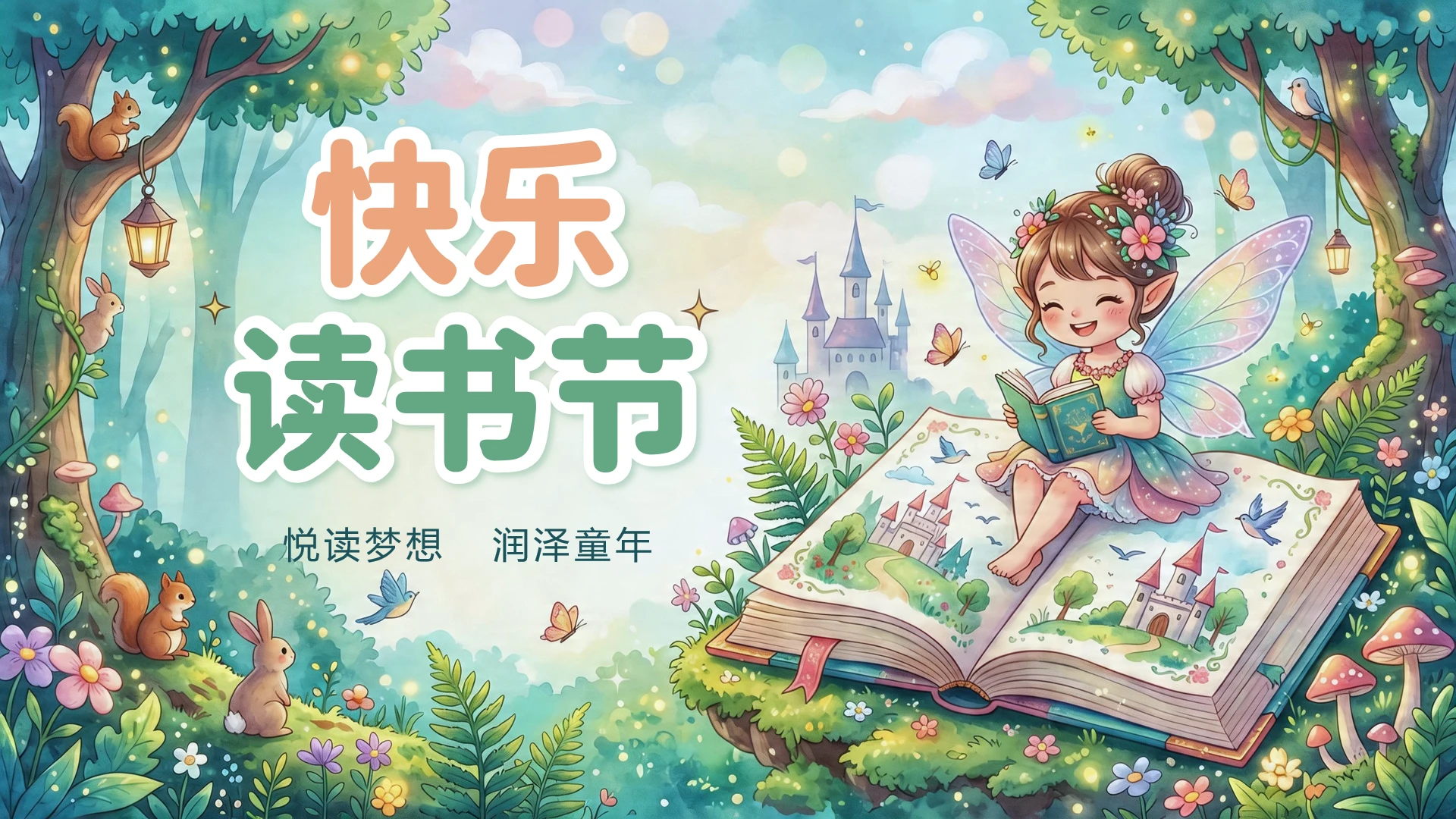 彩色卡通风唯美女孩学校读书节活动封面页