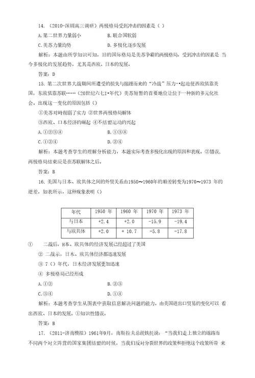 高考历史复习阶段检测6：当今世界政治格局的多极化趋势（人教实验版）