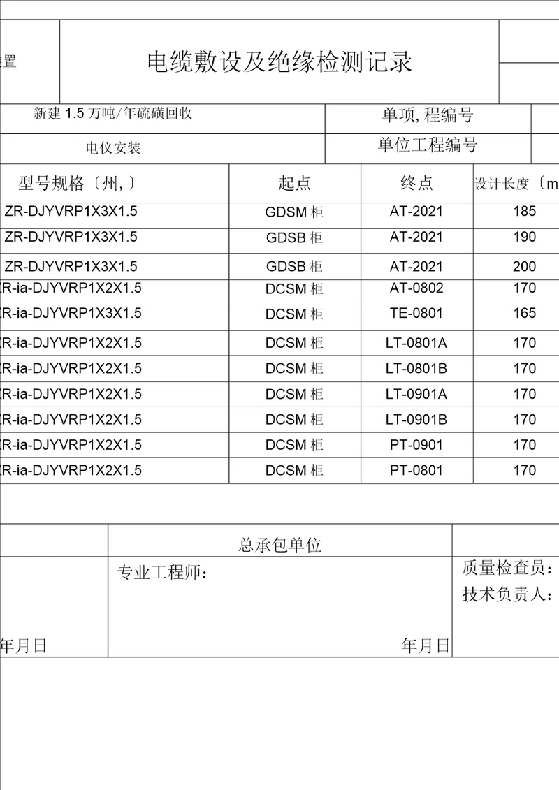 电缆敷设及绝缘检测记录