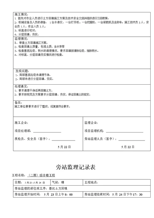塔吊安装旁站监理旁站记录表