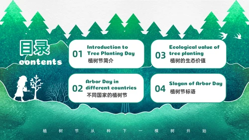 绿色渐变鎏金剪影312植树节英文介绍课件PPT