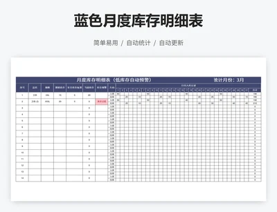 蓝色月度库存明细表