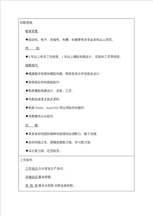 电子关键工程师岗位专项说明书编写范本