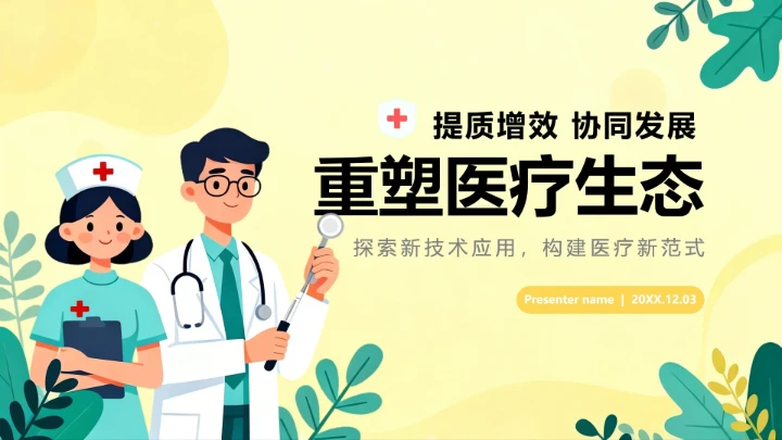 黄色扁平插画卡通风医疗医护人员PPT模板