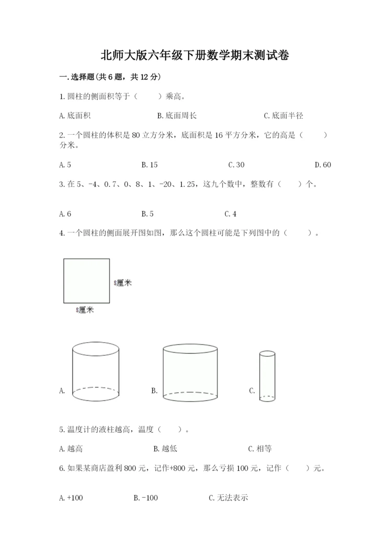 北师大版六年级下册数学期末测试卷精品【典优】.docx