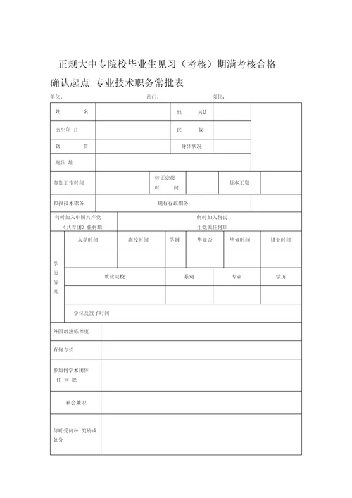 正规大中专院校毕业生见习(考核)期满考核合格确认起点专业1技术职务审批表A.