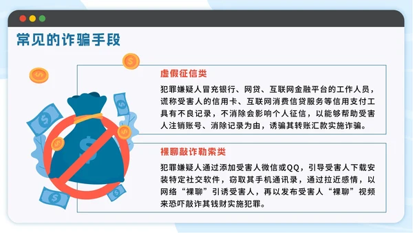 蓝色扁平防范电信诈骗提高反诈意识带内容PPT模板