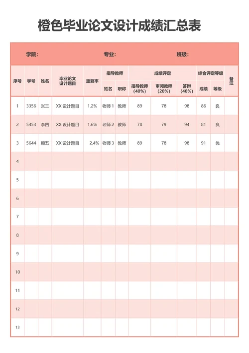 橙色毕业论文设计成绩汇总表