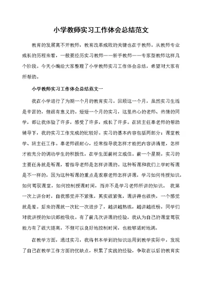 小学教师实习工作体会总结范文