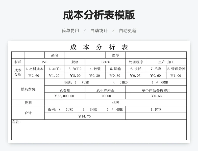 成本分析表模版